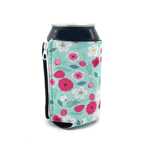 Teal Floral ZipSip drink sleeve on aluminum soda pop can